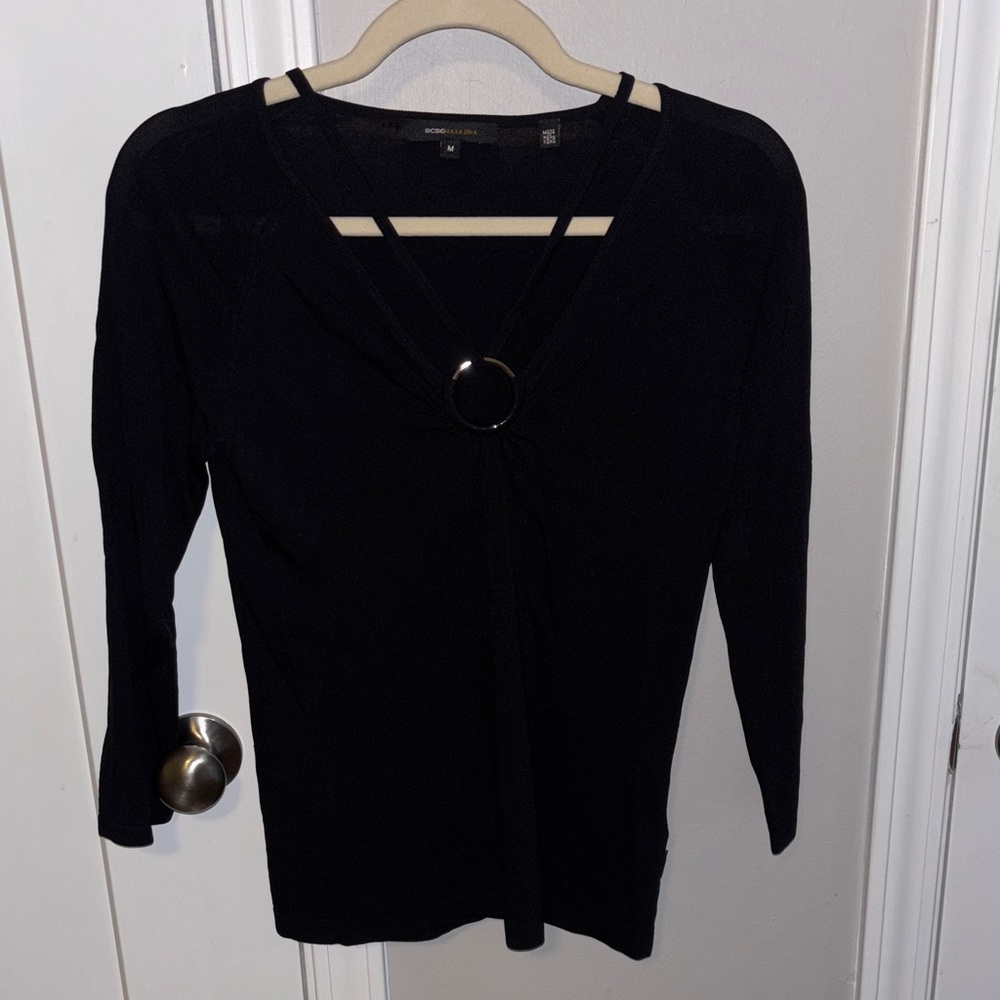 BCBGMaxAzria Black V-Neck Blouse with Ring Detail